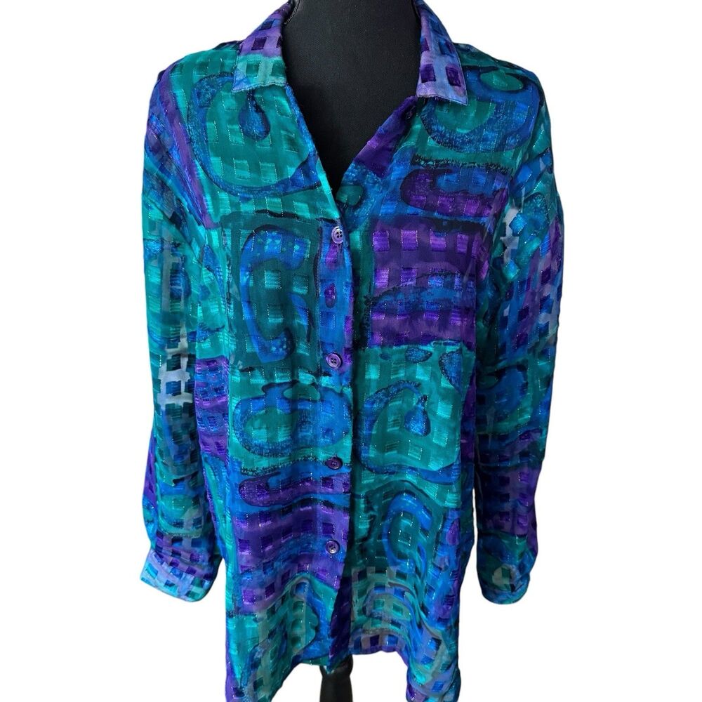 Vtg Gepetto‎ Shirt Women Large Blue Button Front Watercolor Pattern